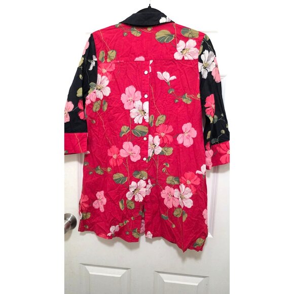 Soft Surroundings Floral Tropical Red & Black Button Back Tunic Top Medium Cotto - Picture 3 of 6